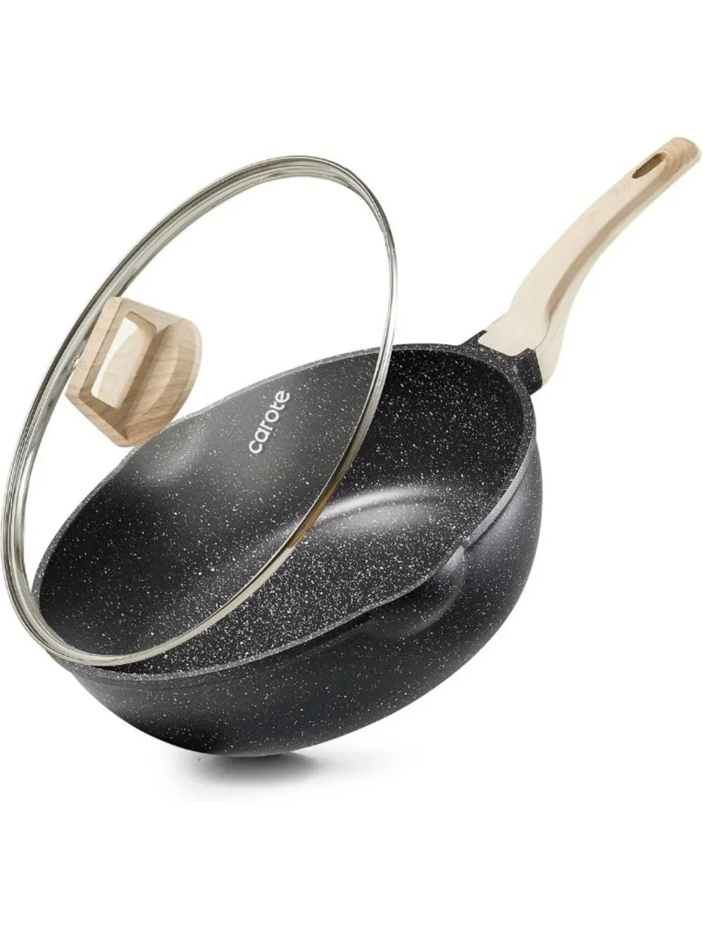 12-Inch Nonstick Deep Frying Pan with Lid, 5.5 Qt Black Granite Cookware